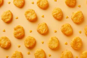 Pattern of crispy hash browns on yellow background photo