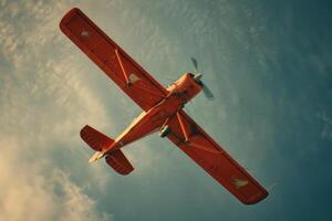 Vintage biplane soaring against a cloudy sky photo