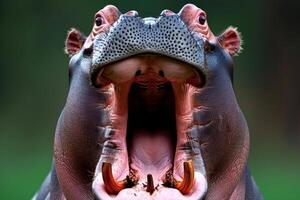 Closeup of a hippopotamus with open mouth photo