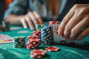 Poker player holding winning hand with chips on table photo