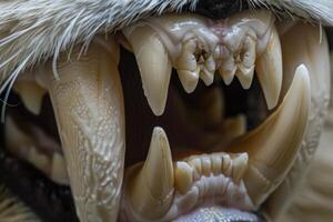Macro image capturing the intricate details of an animal's sharp teeth and mouth structure photo