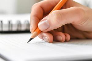 Closeup of hand writing in notebook with pencil photo