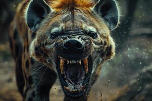 Closeup image capturing the fierce expression of a snarling tiger with detailed fur texture photo
