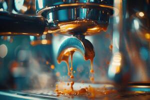 Fresh espresso extraction from coffee machine photo