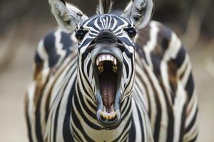 Closeup image of a zebra with mouth wide open, showcasing its detailed striped pattern photo
