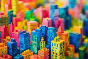 Vibrant assortment of miniature multicolored buildings creating a quaint urban scene photo