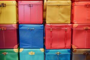 Vibrant background pattern formed by neatly stacked, multicolored suitcases photo