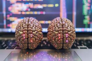 Digital brains on laptop with coding background photo