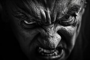Close-up monochrome image capturing a detailed and intense angry facial expression photo