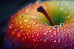 Fresh dew on apple surface macro shot photo