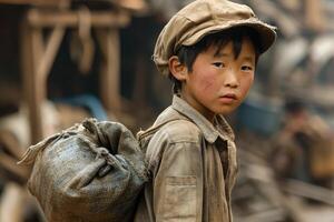 Young boy with sack in rustic setting photo