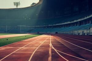 Sunlit running track in an empty stadium photo