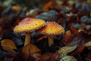 Autumn mushrooms in a forest bed photo