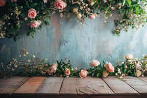 Elegant floral backdrop with wooden table surface photo