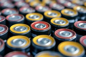 Cylindrical Closeup shot of multiple batteries cells. Generate ai photo