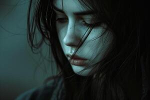 Mysterious woman with dark hair and moody atmosphere photo