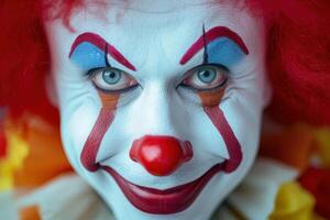Close-up of colorful clown face with expressive eyes photo