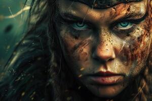 Intense Berserker woman paint horror. Generate Ai photo