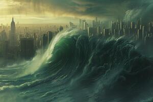 Engulfing Big wave going city. Generate Ai photo