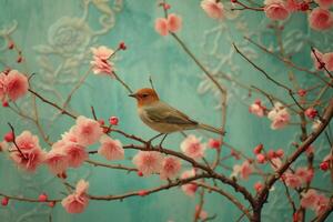 Vibrant Small bird on tree branch with flowers. Generate ai photo