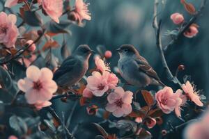 Fluttering Birds tree branch flowers. Generate Ai photo
