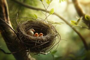 Imaginative Bird nest forest digital art. Generate Ai photo