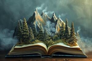 Imaginative landscape with mountains and forest emerging from an open book amidst mist photo