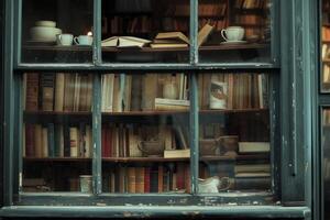 Vintage-style image capturing the charm of a bookshop window filled with literature and pottery photo