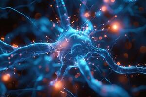 Digital illustration of neuron cells with glowing synapses representing neural activity photo