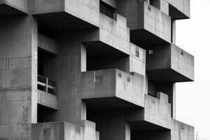Black and white image showcasing the stark geometry of brutalist architecture photo