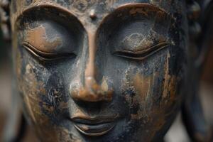 Tranquil close-up of a weathered buddha statue's face, showing intricate textures photo