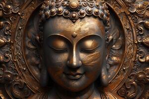 Detailed image of a serene buddha statue with intricate patterns in bronze tones photo