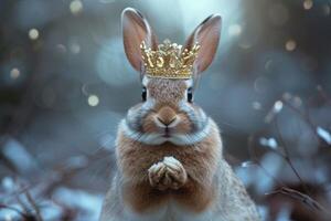 Whimsical image of a rabbit with a golden crown against a blurred natural background photo