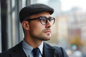 Thoughtful man in vintage attire gazing out window photo