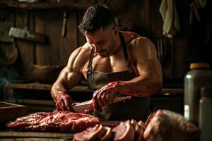 Artisan butcher at work in a rustic setting photo