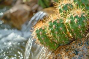 Sunlit cactus on rocks by water stream photo