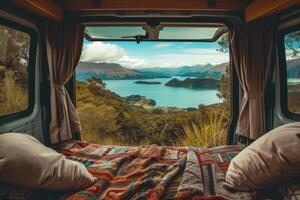 Serene lake view from cozy camper van photo