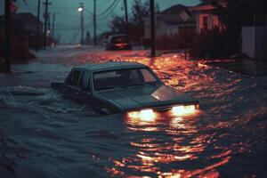 Submerged car in floodwaters at dusk photo
