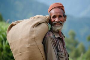 Smiling man carrying heavy sack in rural setting photo