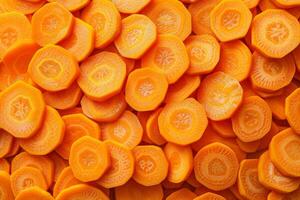 Vibrant orange carrot slices in a closeup view, creating a colorful textured backdrop photo