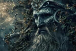 Digital artwork of an ancient, mystical forest spirit with intertwined branches and foliage photo