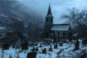 Tranquil yet eerie view of a church and graveyard in dim twilight, with a misty mountain backdrop photo