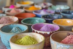 Assorted colorful powder pigments in bowls photo