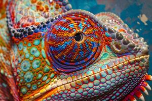 Macro shot capturing the intricate patterns and vivid colors of a chameleon's eye and skin photo