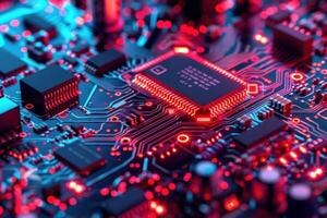 Futuristic microchip on circuit board with glowing lights photo