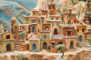 Detail of a handcrafted miniature village sculpted from clay, with intricate house designs photo