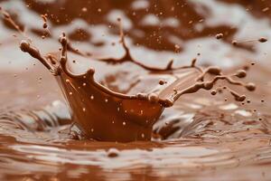 Closeup of a dynamic chocolate splash with droplets, on a smooth backdrop photo