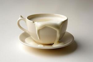Spilled milk in white porcelain cup photo
