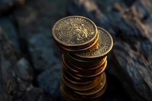 Golden coins stack on rough surface photo