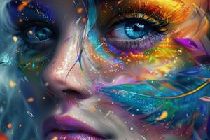 Colorful fantasy makeup with feather details photo